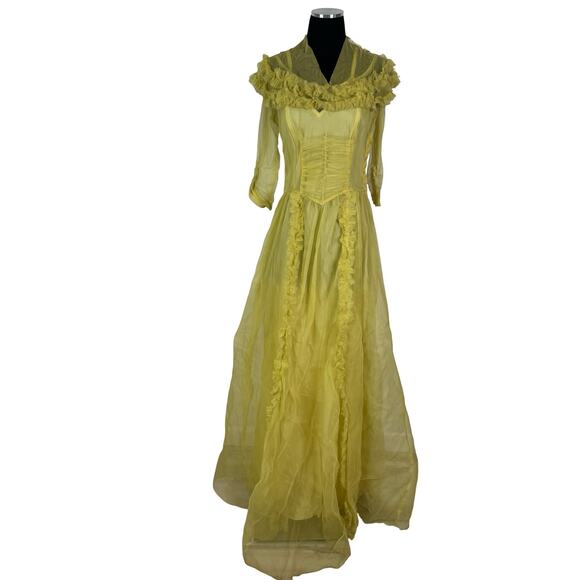 Vintage 1930s Yellow Ruffled Sheer Gown & Slip Set AS IS Project Piece Small - Picture 2 of 16